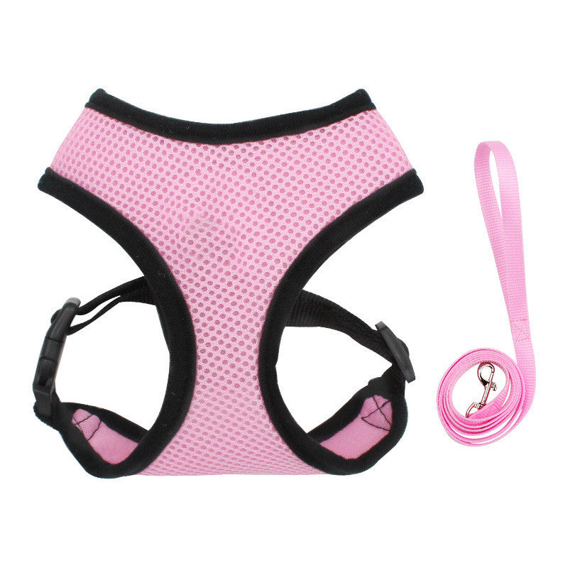 Breathable Mesh Dog Reflective Chest Strap in pink with a matching leash, perfect for stylish pet adventures.