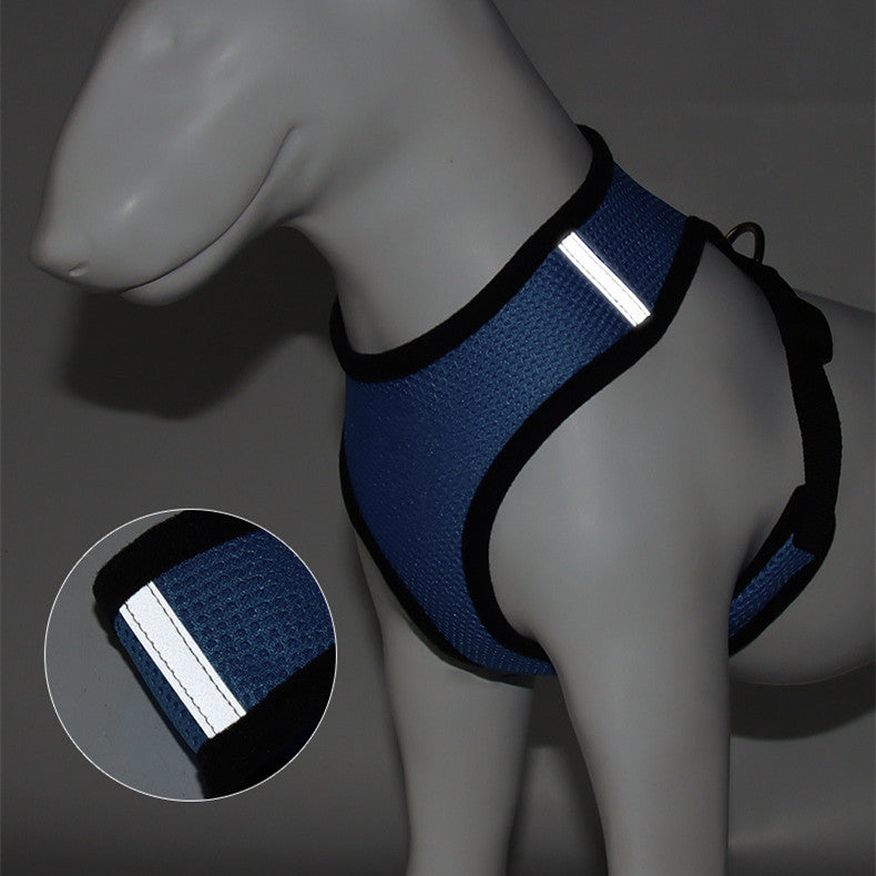 Breathable Mesh Dog Reflective Chest Strap in blue, featuring a reflective strip for added visibility during walks.