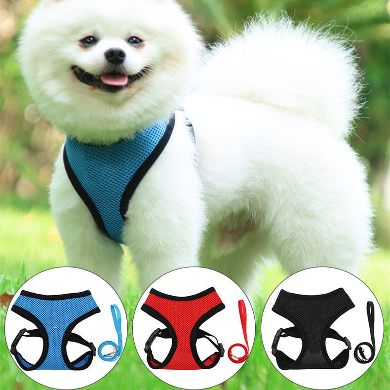 Breathable Mesh Dog Reflective Chest Strap in blue, red, and black for comfort and safety during walks. Perfect for pets!